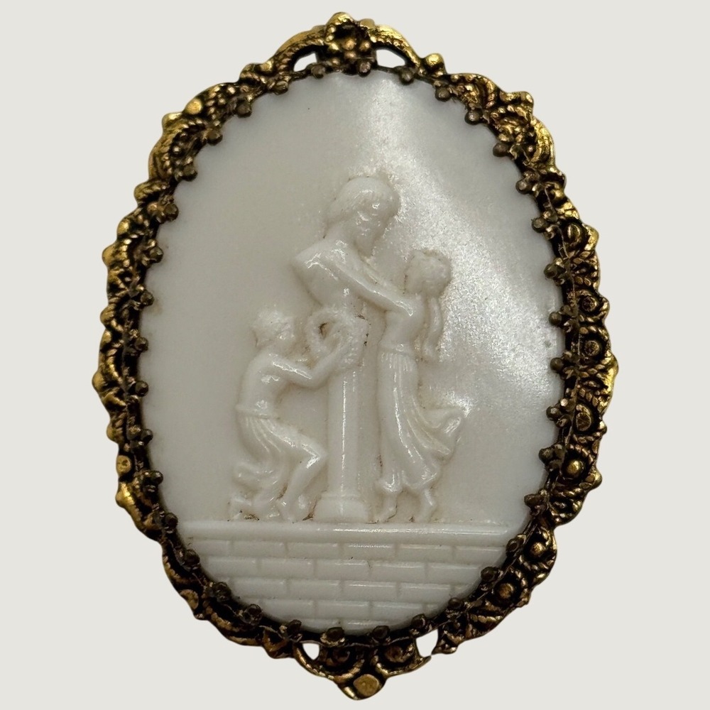 Vintage Molded Cameo Woman & Man‎ With Bust on Pedestal Brooch